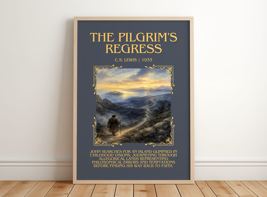 The Pilgrim'S Regress Minimalist Book Poster by C.S. Lewis – framed print leaning on a wooden floor
