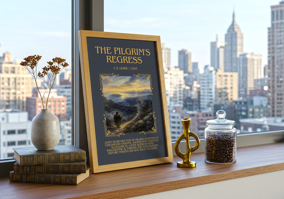 The Pilgrim'S Regress Minimalist Book Poster by C.S. Lewis – framed print on a city-view windowsill