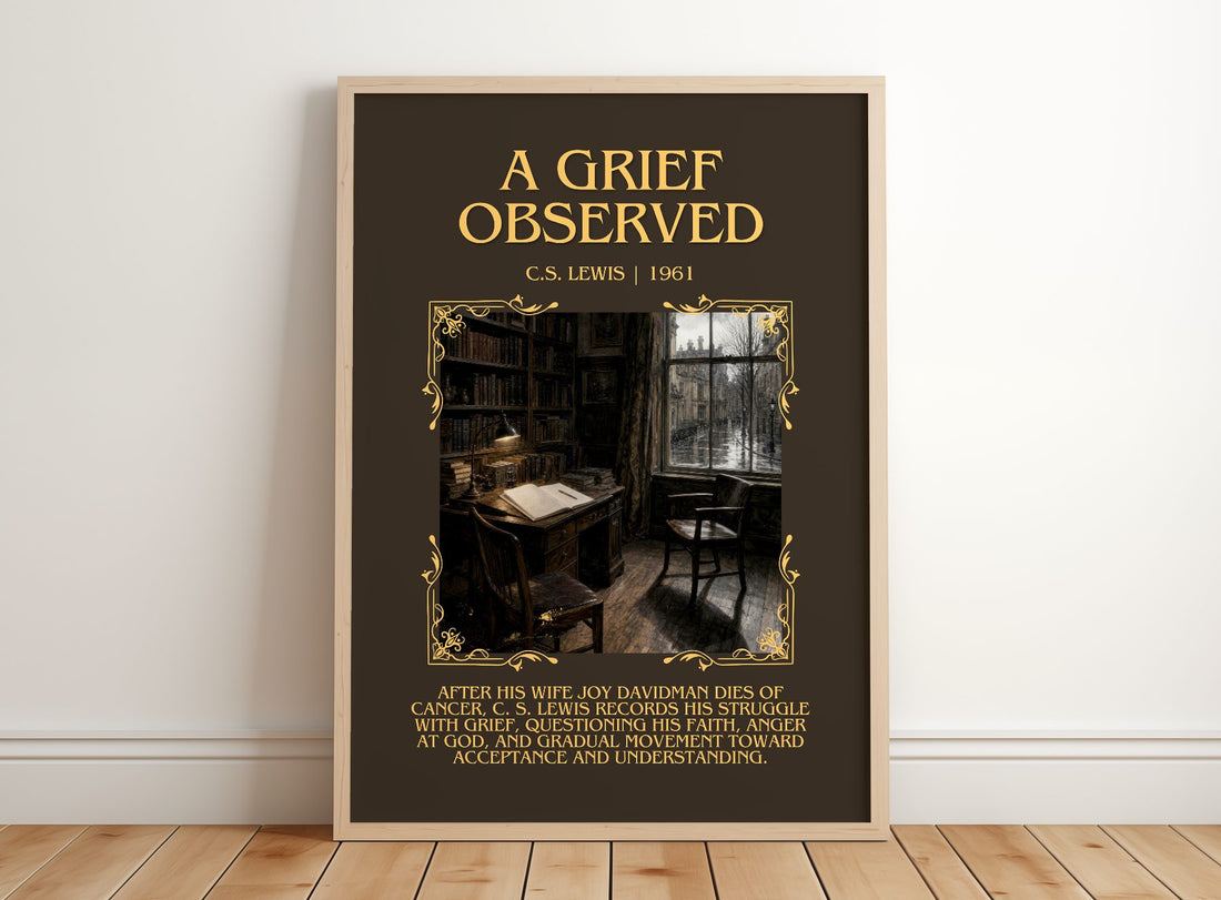 A Grief Observed Minimalist Book Poster by C.S. Lewis – framed print leaning on a wooden floor