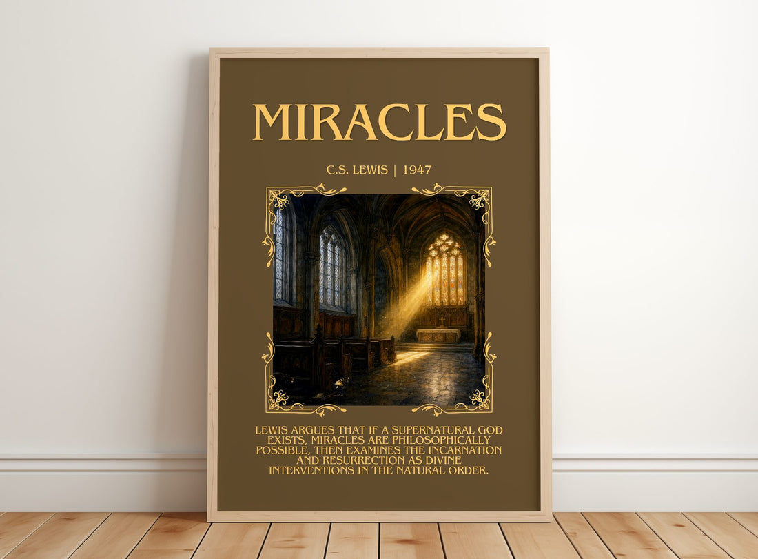 Miracles Minimalist Book Poster by C.S. Lewis – framed print leaning on a wooden floor