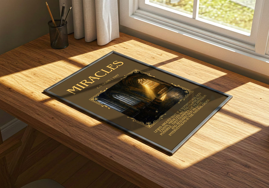 Miracles Minimalist Book Poster by C.S. Lewis – print on a sunlit desk