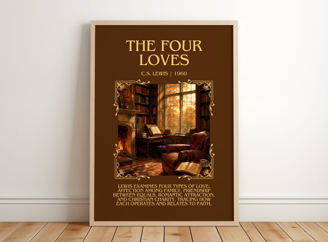 The Four Loves Minimalist Book Poster by C.S. Lewis – framed print leaning on a wooden floor