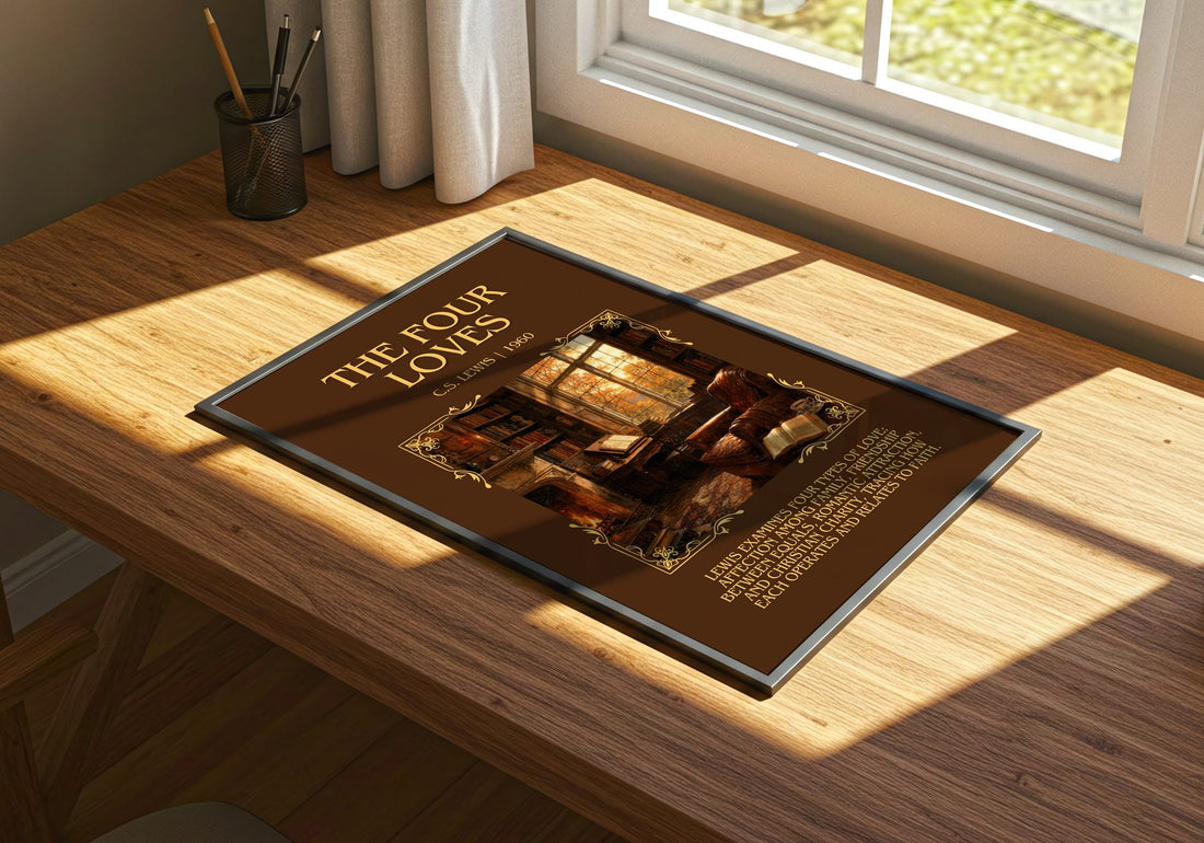The Four Loves Minimalist Book Poster by C.S. Lewis – print on a sunlit desk