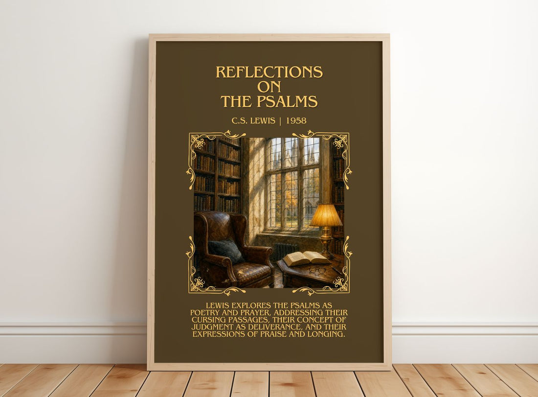 Reflections On The Psalms Minimalist Book Poster by C.S. Lewis – framed print leaning on a wooden floor