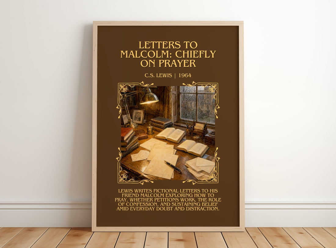 Letters To Malcolm: Chiefly On Prayer Minimalist Book Poster – framed print leaning on a wooden floor