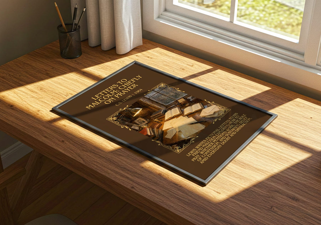 Letters To Malcolm: Chiefly On Prayer Minimalist Book Poster – print on a sunlit desk