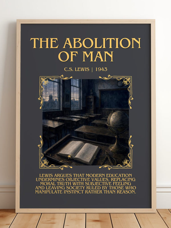 The Abolition Of Man Minimalist Book Poster by C.S. Lewis – framed print leaning on a wooden floor