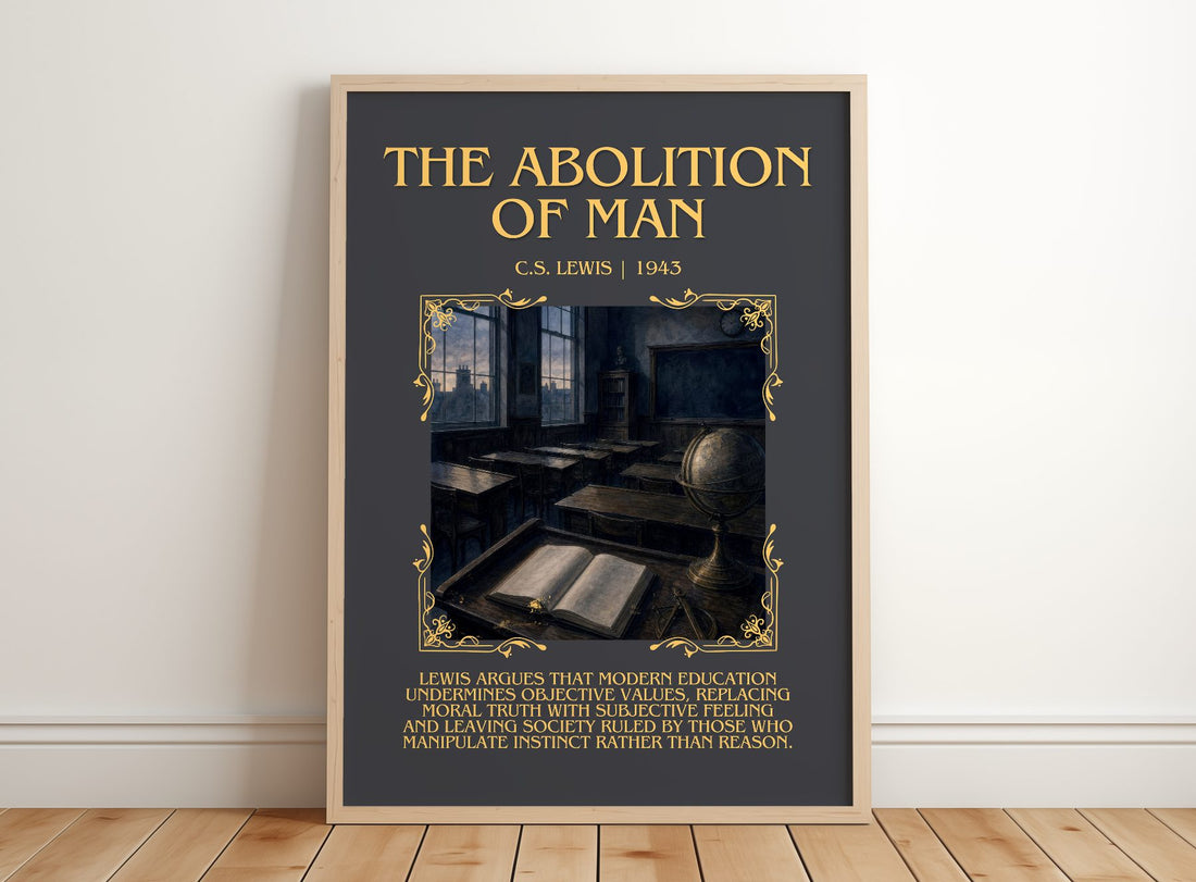 The Abolition Of Man Minimalist Book Poster by C.S. Lewis – framed print leaning on a wooden floor
