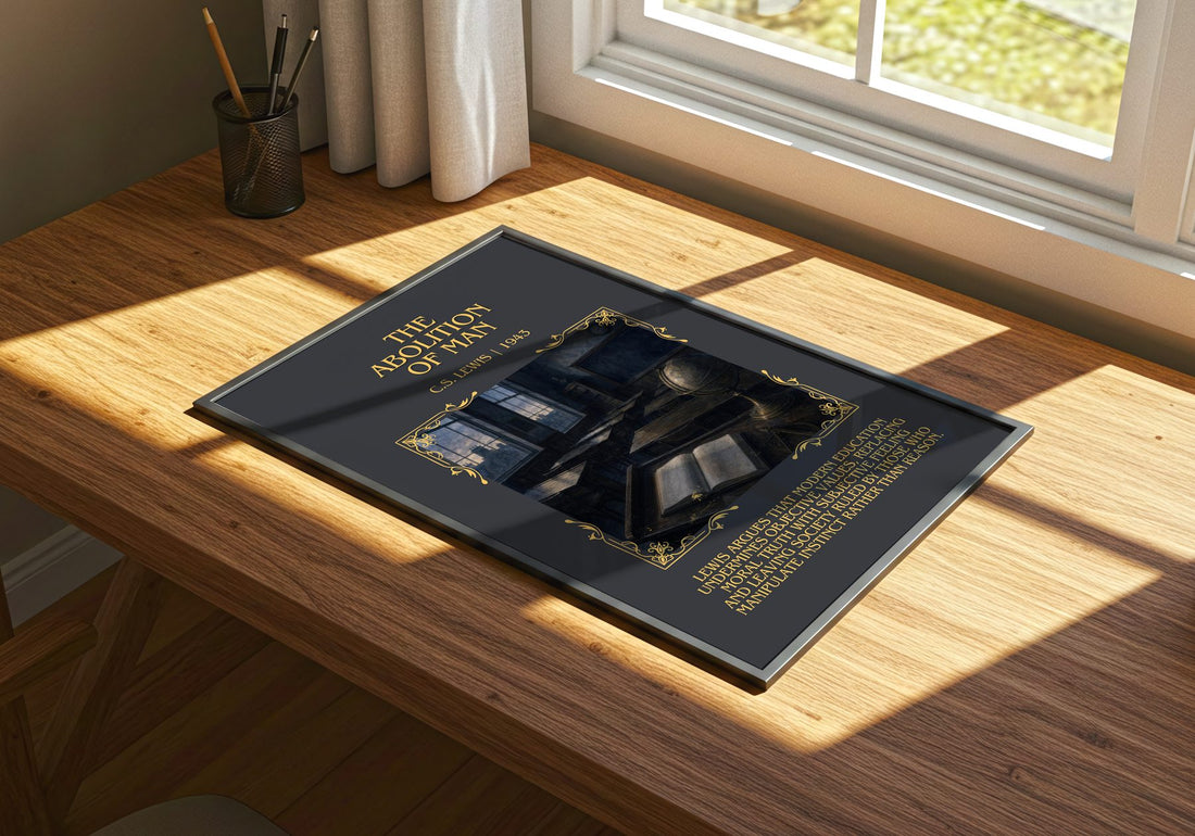 The Abolition Of Man Minimalist Book Poster by C.S. Lewis – print on a sunlit desk