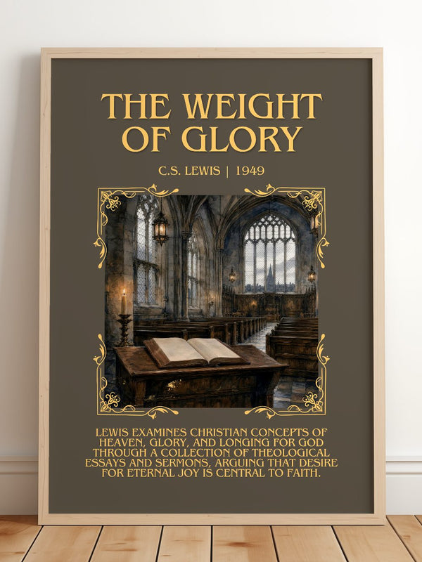 The Weight Of Glory Minimalist Book Poster by C.S. Lewis – framed print leaning on a wooden floor