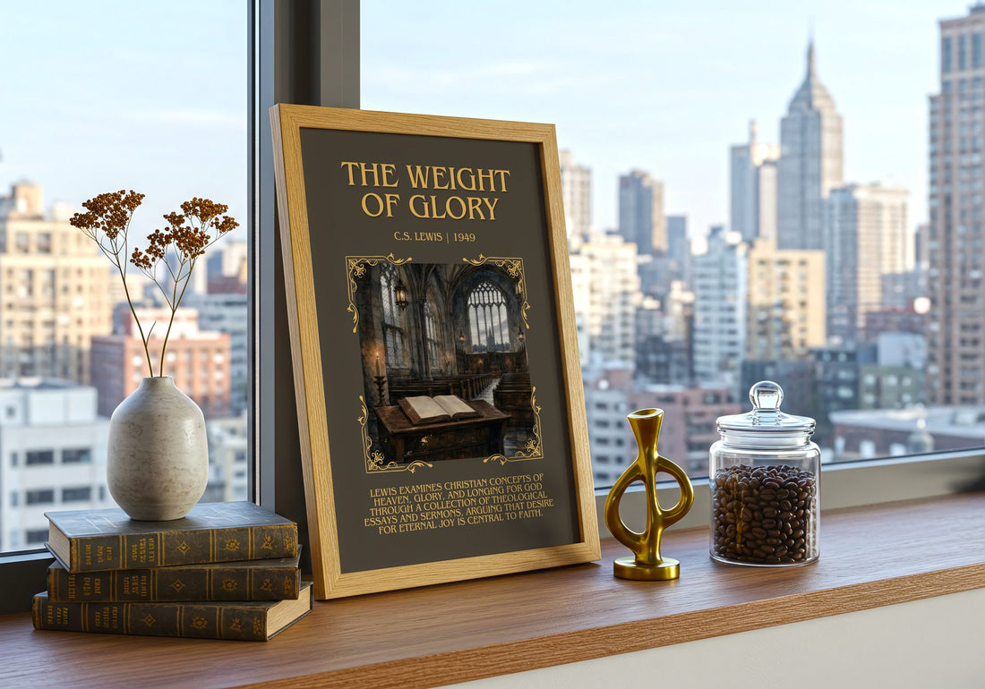 The Weight Of Glory Minimalist Book Poster by C.S. Lewis – framed print on a city-view windowsill