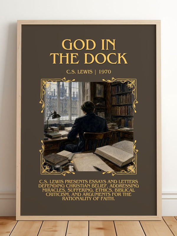 God In The Dock Minimalist Book Poster by C.S. Lewis – framed print leaning on a wooden floor