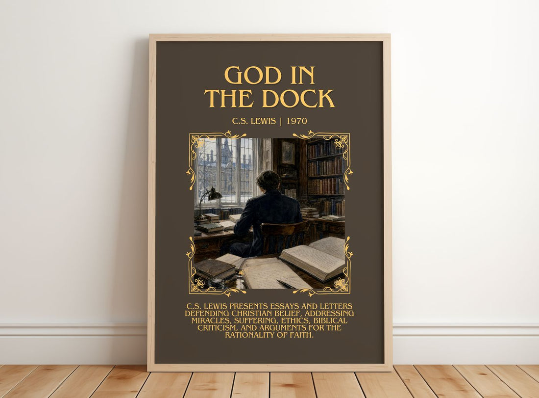 God In The Dock Minimalist Book Poster by C.S. Lewis – framed print leaning on a wooden floor