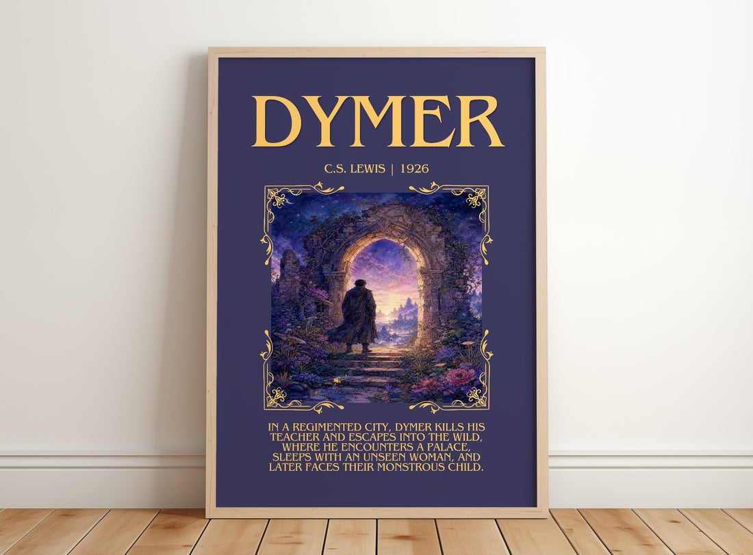 Dymer Minimalist Book Poster by C.S. Lewis – framed print leaning on a wooden floor