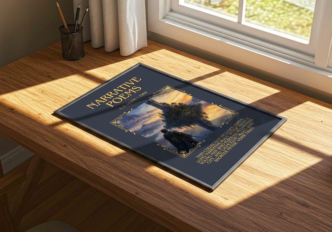 Narrative Poems Minimalist Book Poster by C.S. Lewis – print on a sunlit desk
