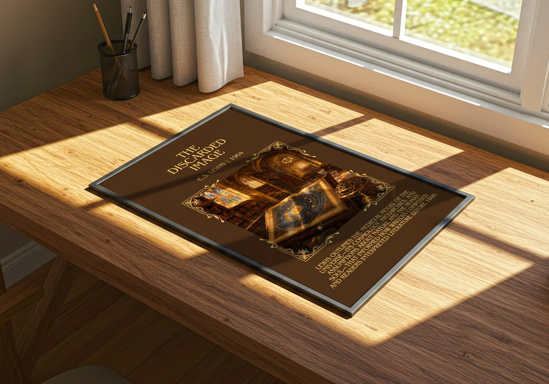 The Discarded Image Minimalist Book Poster by C.S. Lewis – print on a sunlit desk