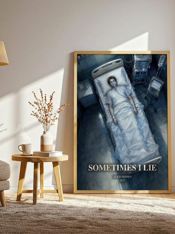 Sometimes I Lie watercolour print in frame leaning in hallway – thriller wall art