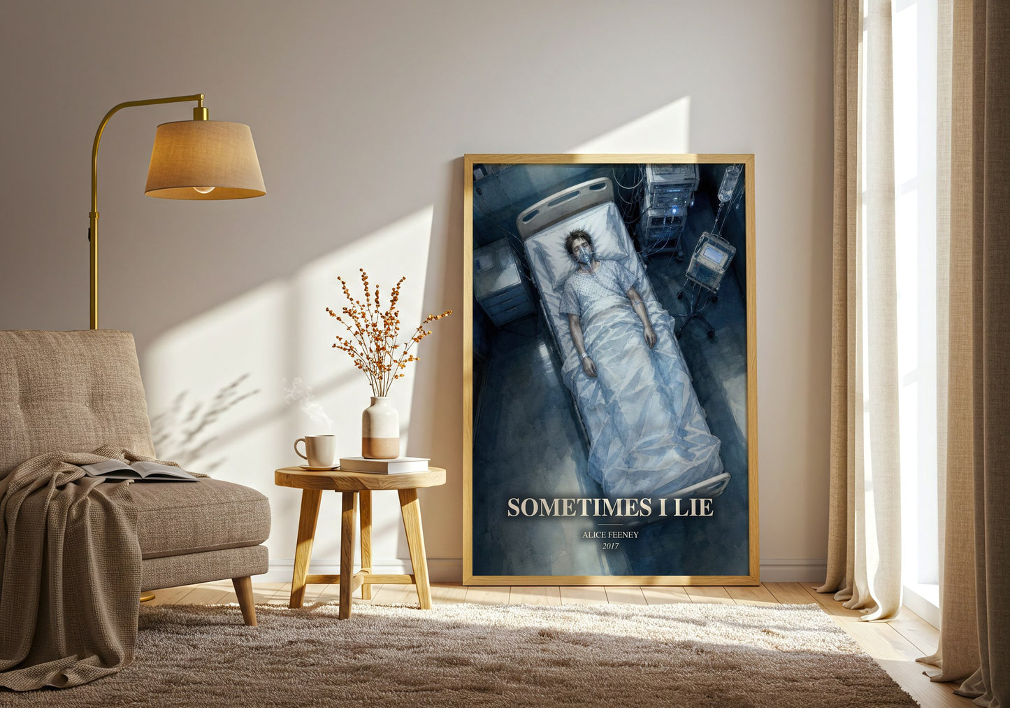 Sometimes I Lie watercolour print in frame leaning in hallway – thriller wall art