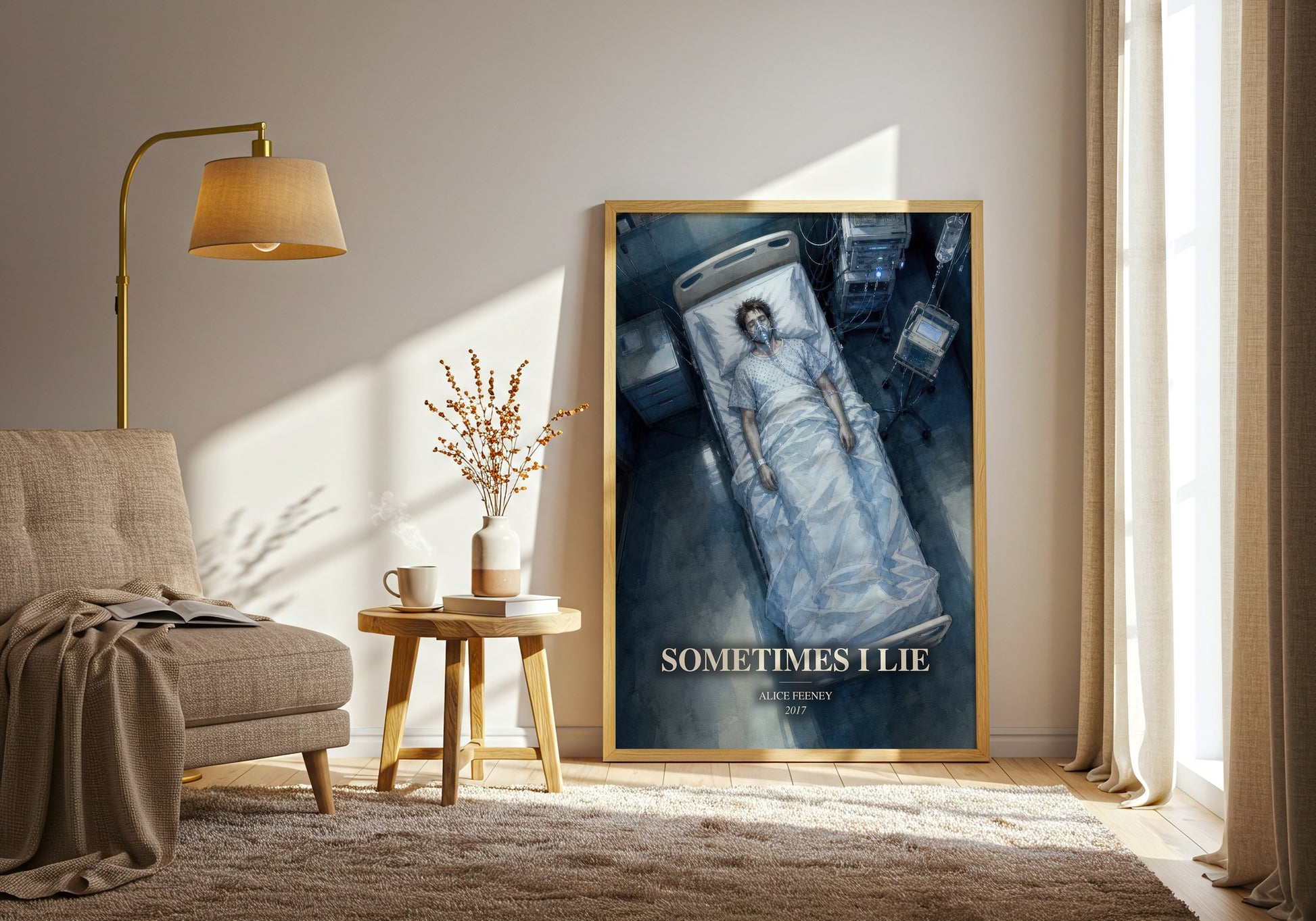 Sometimes I Lie watercolour print in frame leaning in hallway – thriller wall art