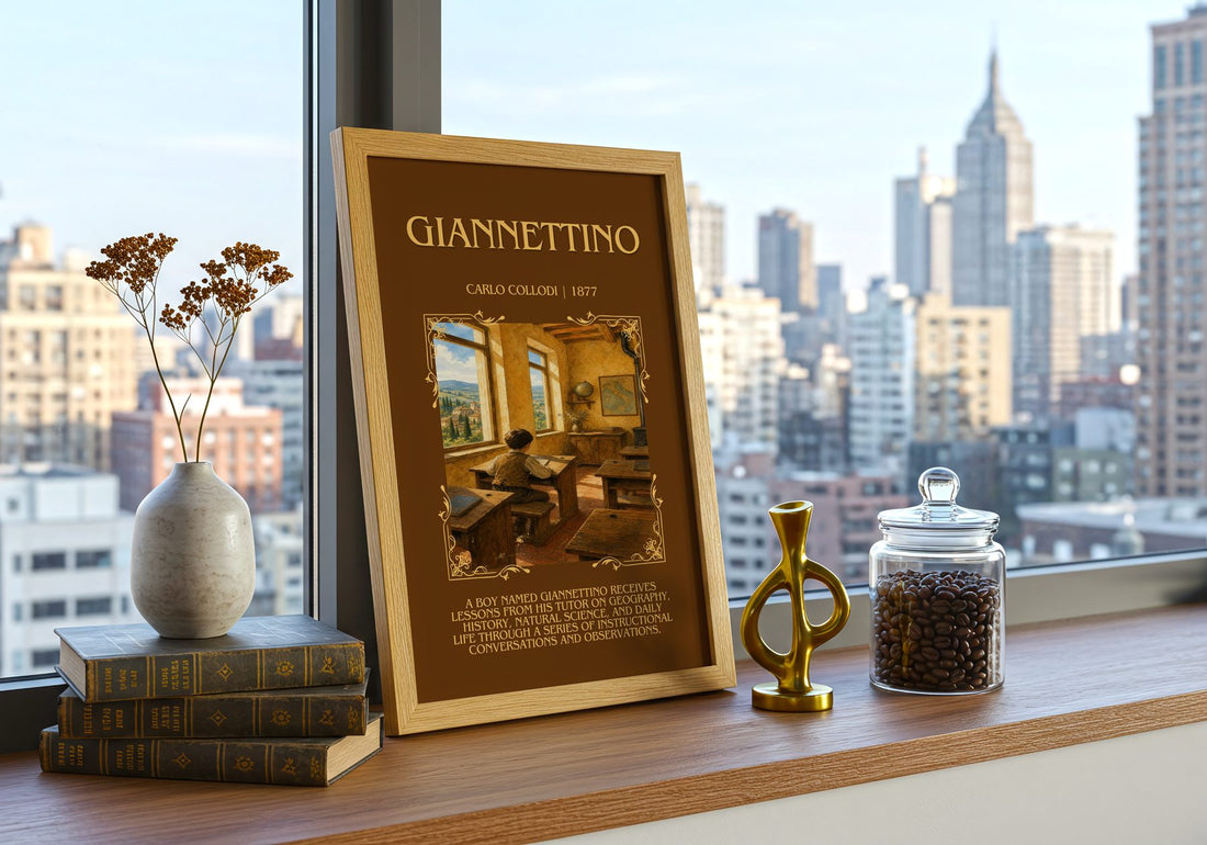 Giannettino Minimalist Book Poster by Carlo Collodi – framed print on a city-view windowsill