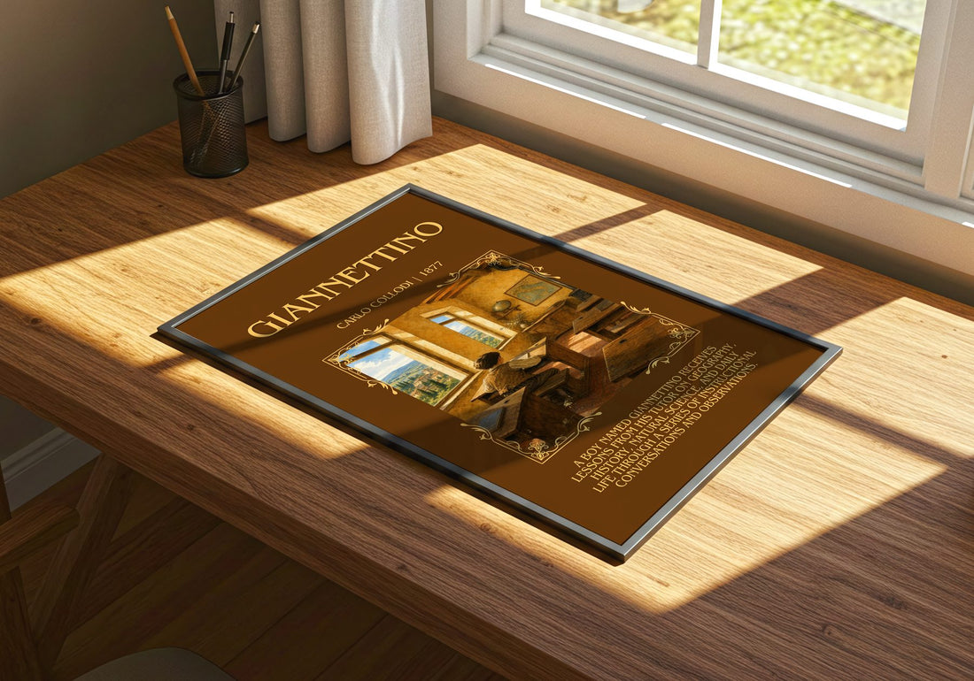 Giannettino Minimalist Book Poster by Carlo Collodi – print on a sunlit desk