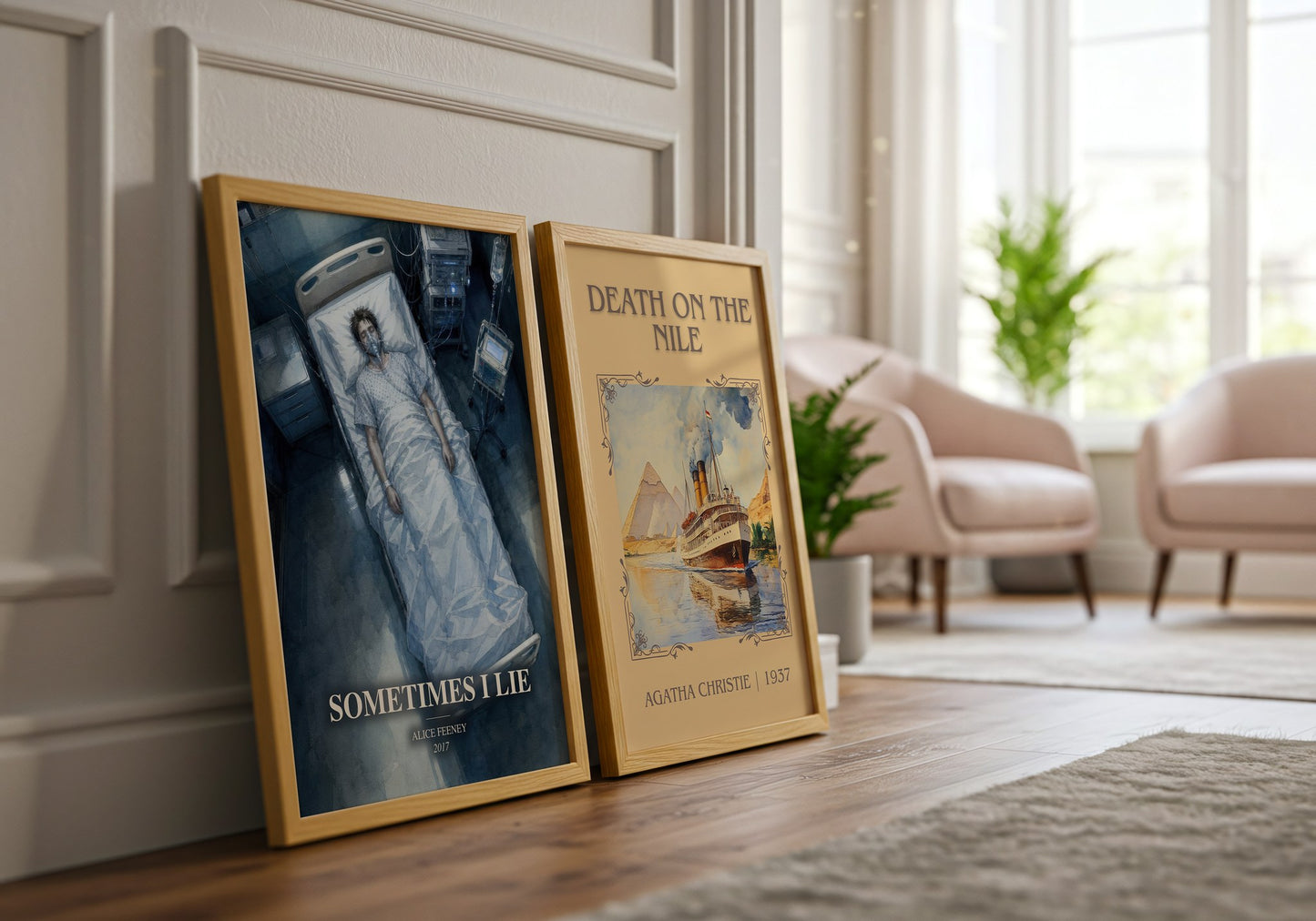 Sometimes I Lie watercolour print framed by window – literary home decor