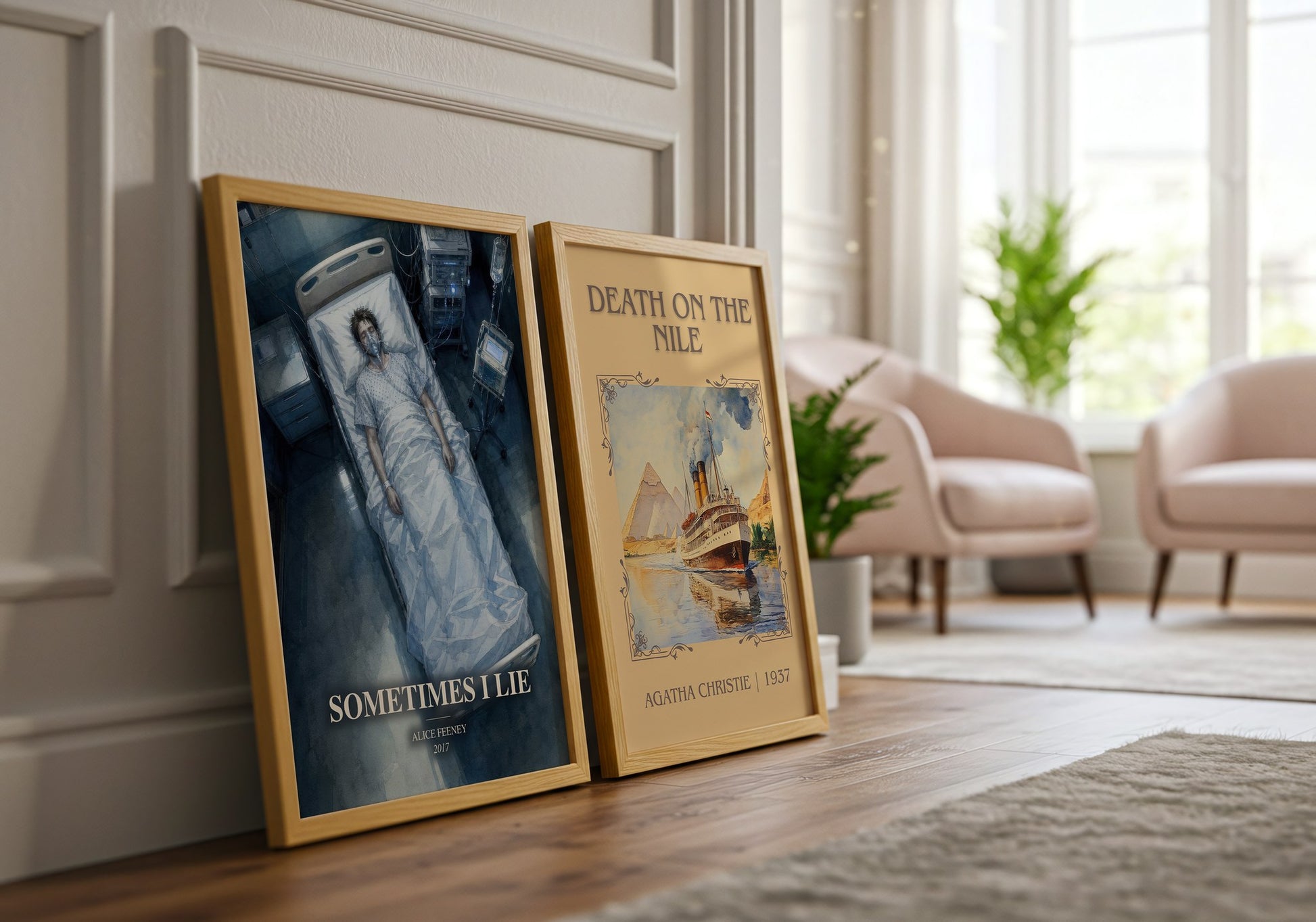 Sometimes I Lie watercolour print framed by window – literary home decor