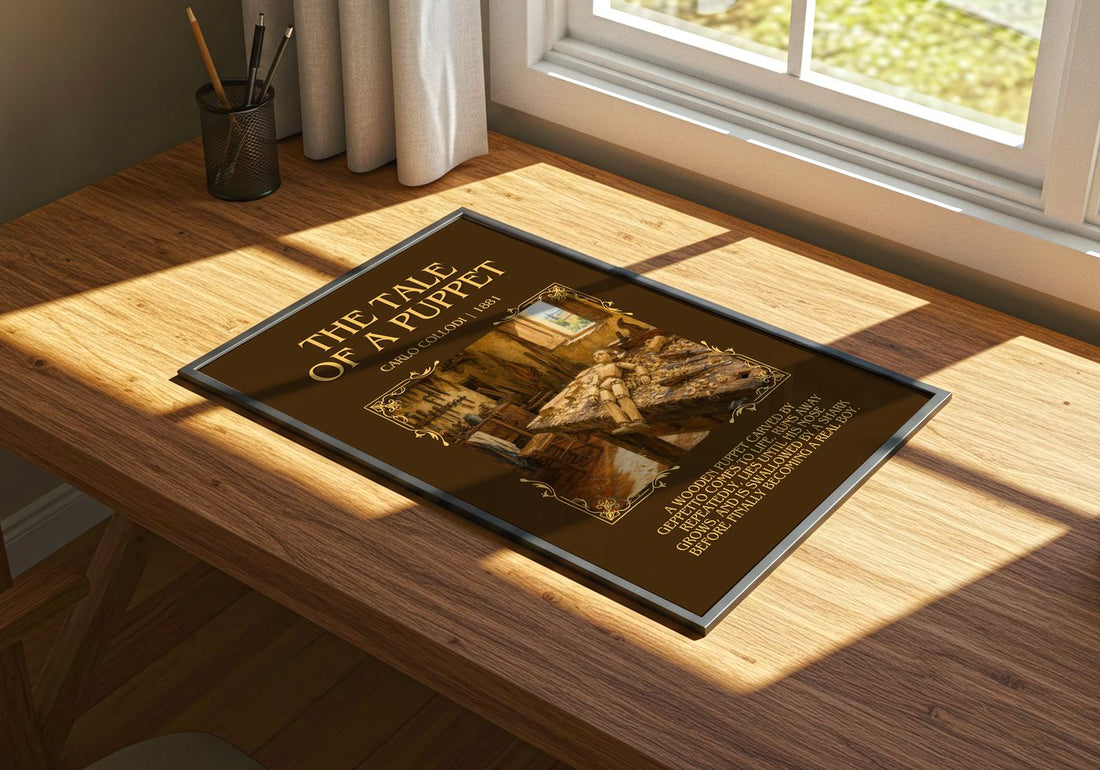 The Tale Of A Puppet Minimalist Book Poster by Carlo Collodi – print on a sunlit desk