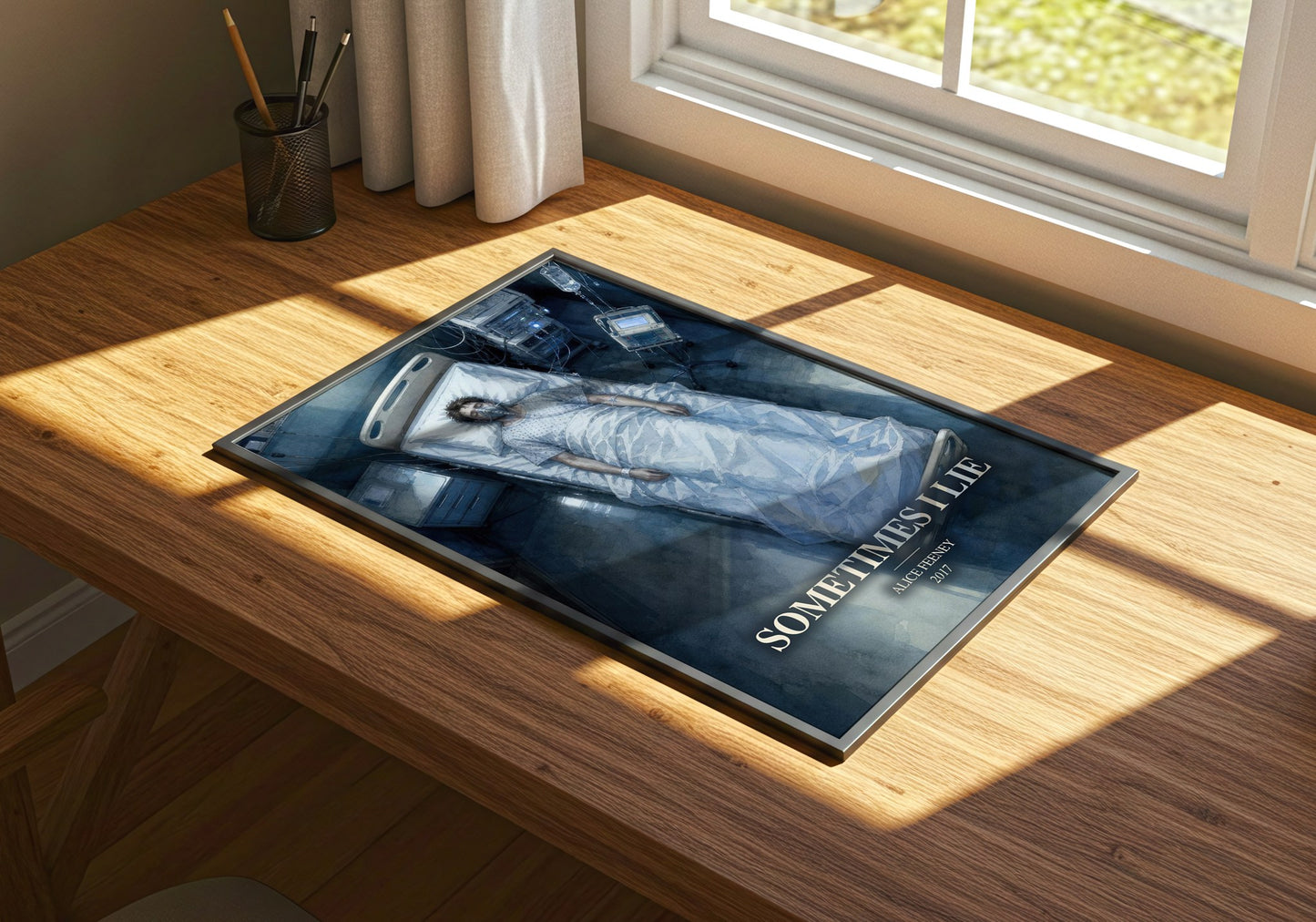Sometimes I Lie watercolour book poster framed on wall – thriller wall art