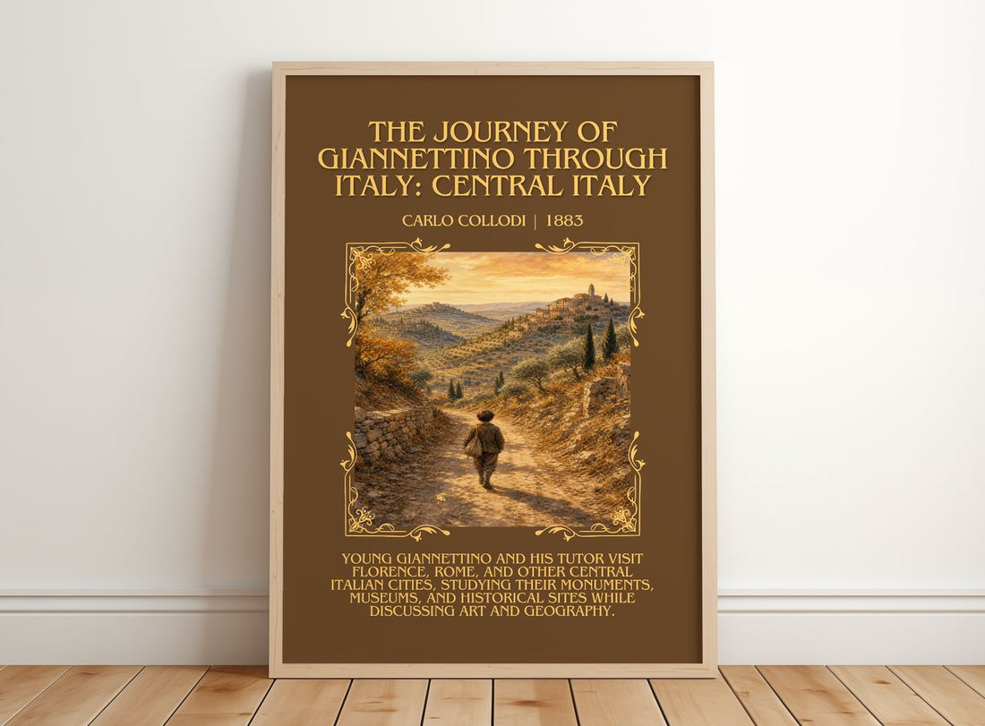 Journey Of Giannettino Through Italy: Central Italy Minimalist Book – framed print leaning on a wooden floor