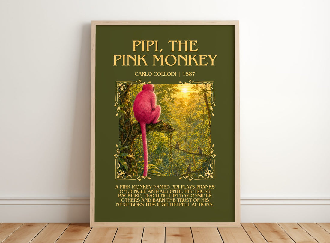 Pipi, The Pink Monkey Minimalist Book Poster by Carlo Collodi – framed print leaning on a wooden floor