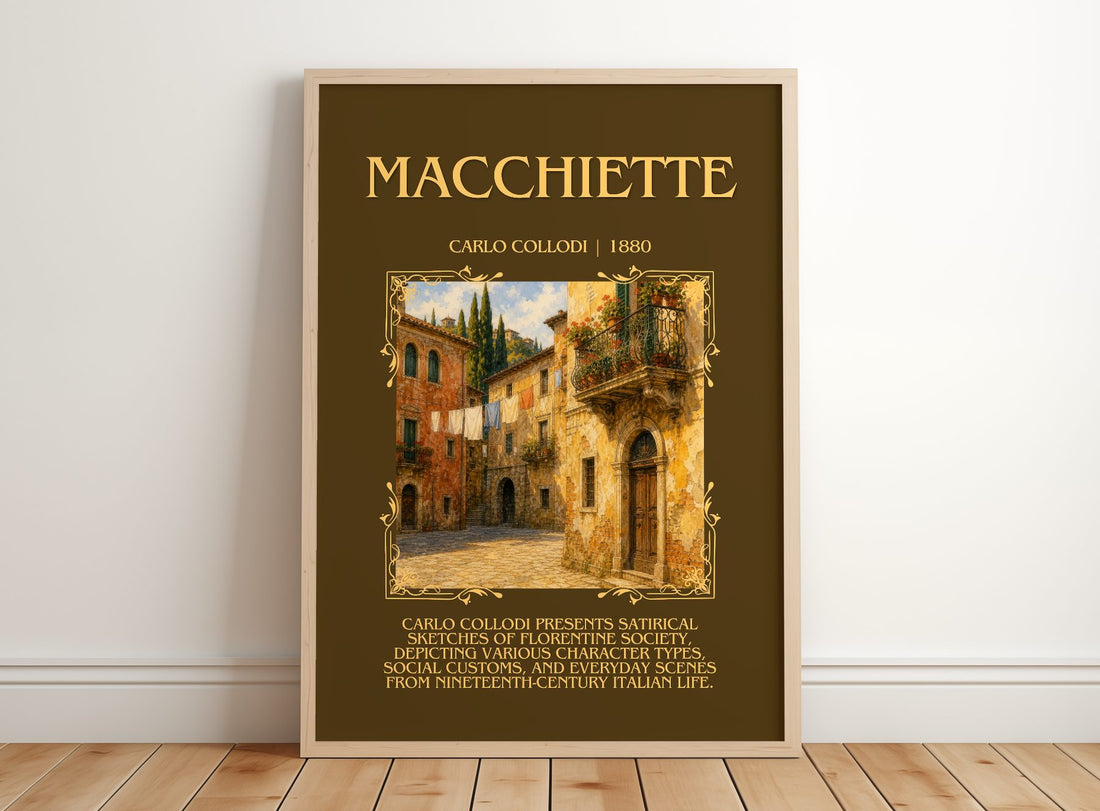 Macchiette Minimalist Book Poster by Carlo Collodi – framed print leaning on a wooden floor