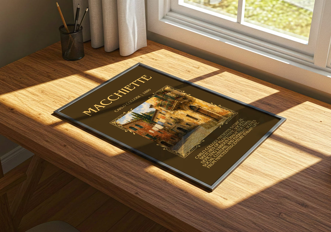 Macchiette Minimalist Book Poster by Carlo Collodi – print on a sunlit desk