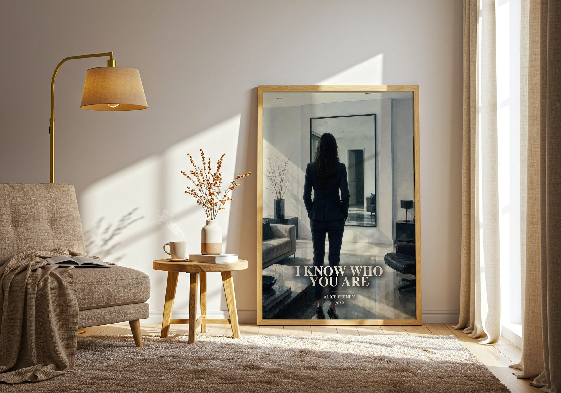 I Know Who You Are watercolour print in frame leaning in hallway – thriller wall art