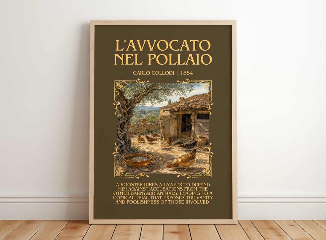 L'Avvocato Nel Pollaio Minimalist Book Poster by Carlo Collodi – framed print leaning on a wooden floor