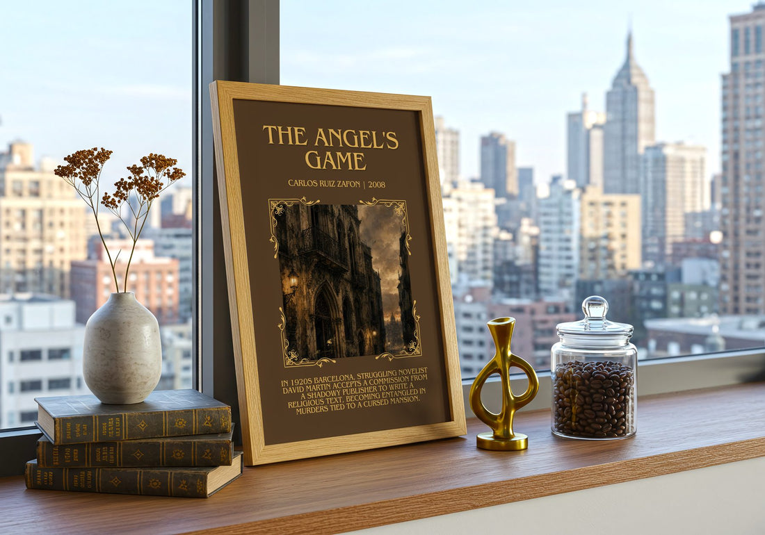 The Angel'S Game Minimalist Book Poster by Carlos Ruiz Zafón – framed print on a city-view windowsill