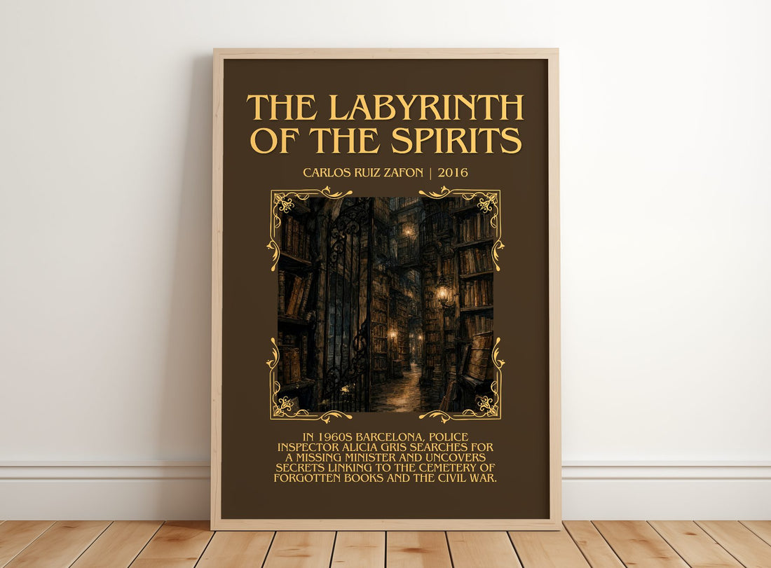 Labyrinth Of The Spirits Minimalist Book Poster by Carlos Ruiz Zafón – framed print leaning on a wooden floor