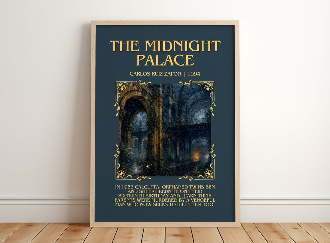 The Midnight Palace Minimalist Book Poster by Carlos Ruiz Zafón – framed print leaning on a wooden floor