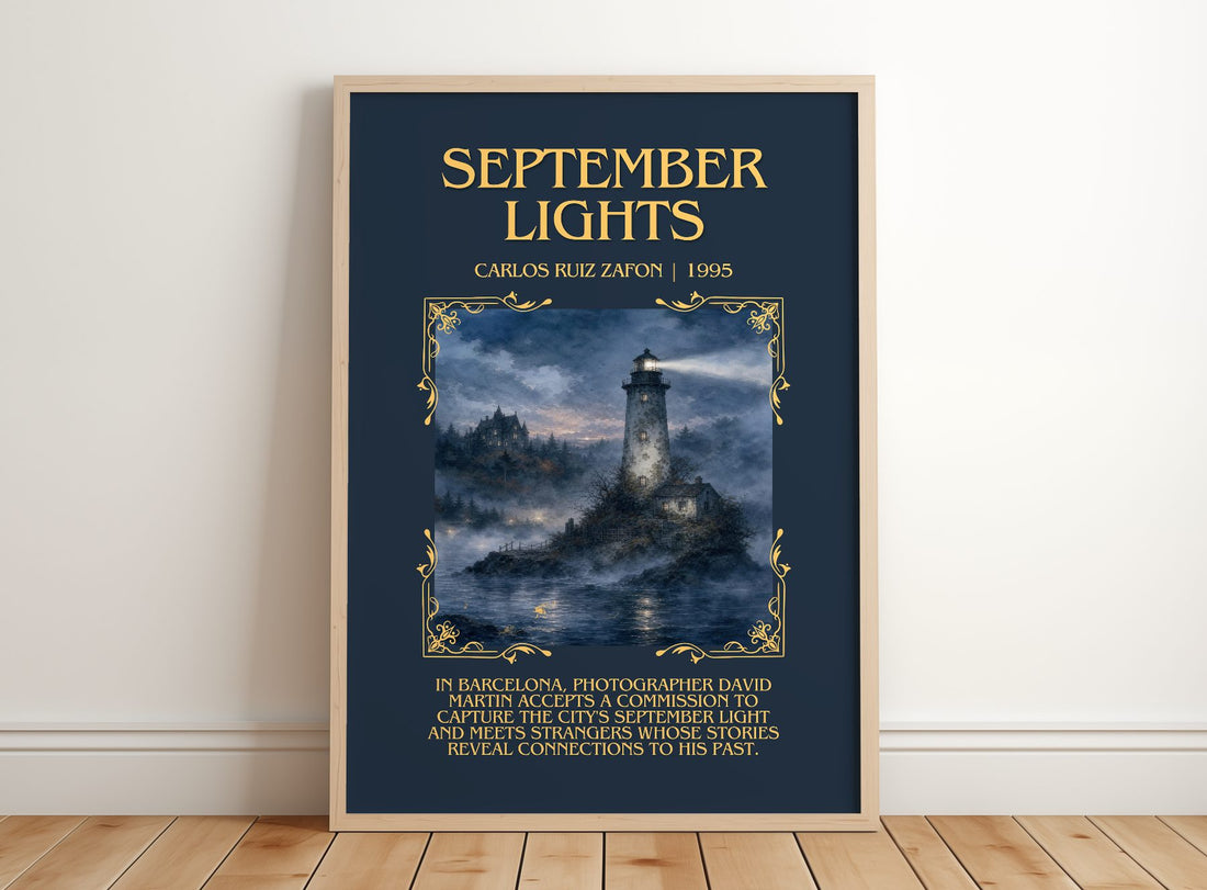 September Lights Minimalist Book Poster by Carlos Ruiz Zafón – framed print leaning on a wooden floor