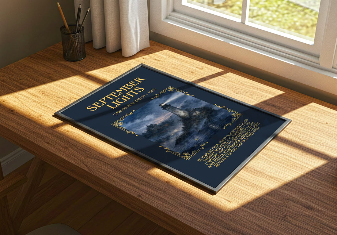 September Lights Minimalist Book Poster by Carlos Ruiz Zafón – print on a sunlit desk