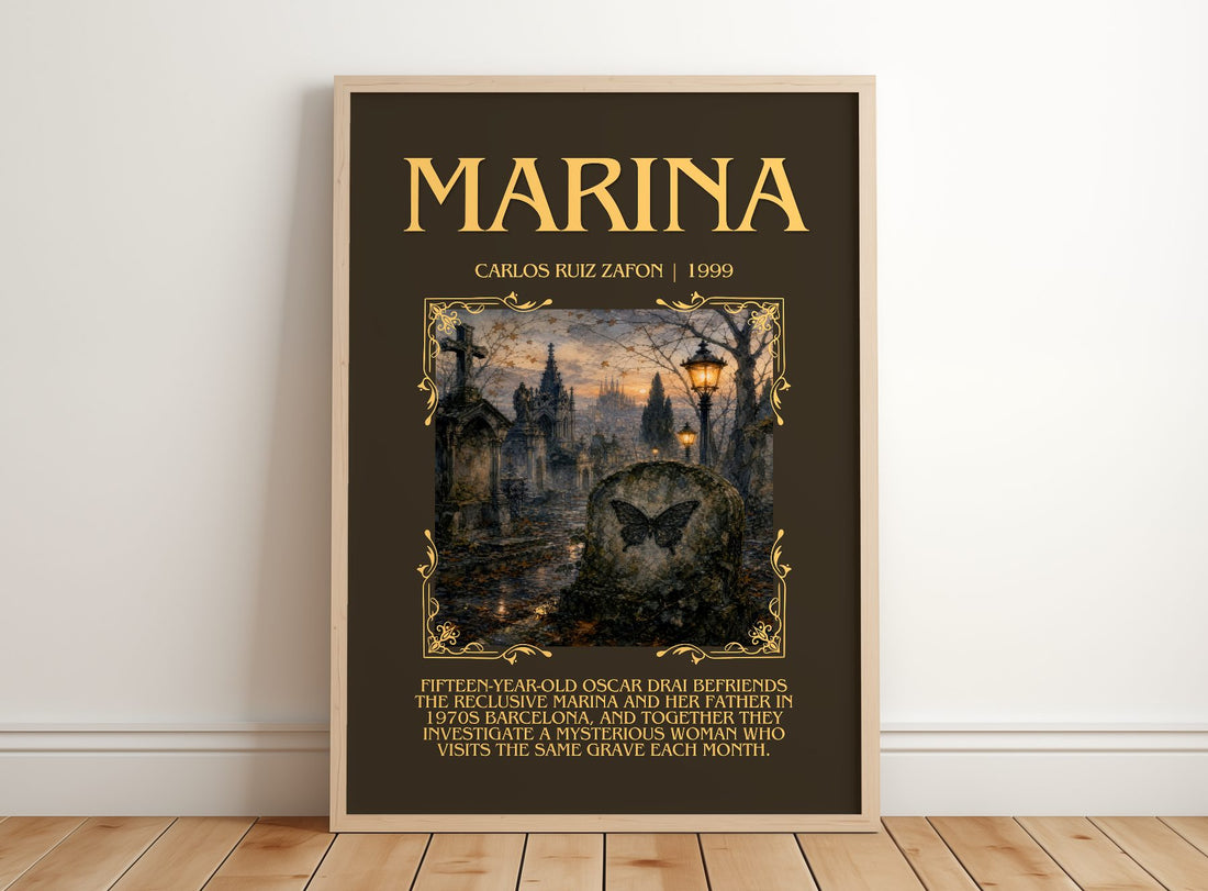 Marina Minimalist Book Poster by Carlos Ruiz Zafón – framed print leaning on a wooden floor