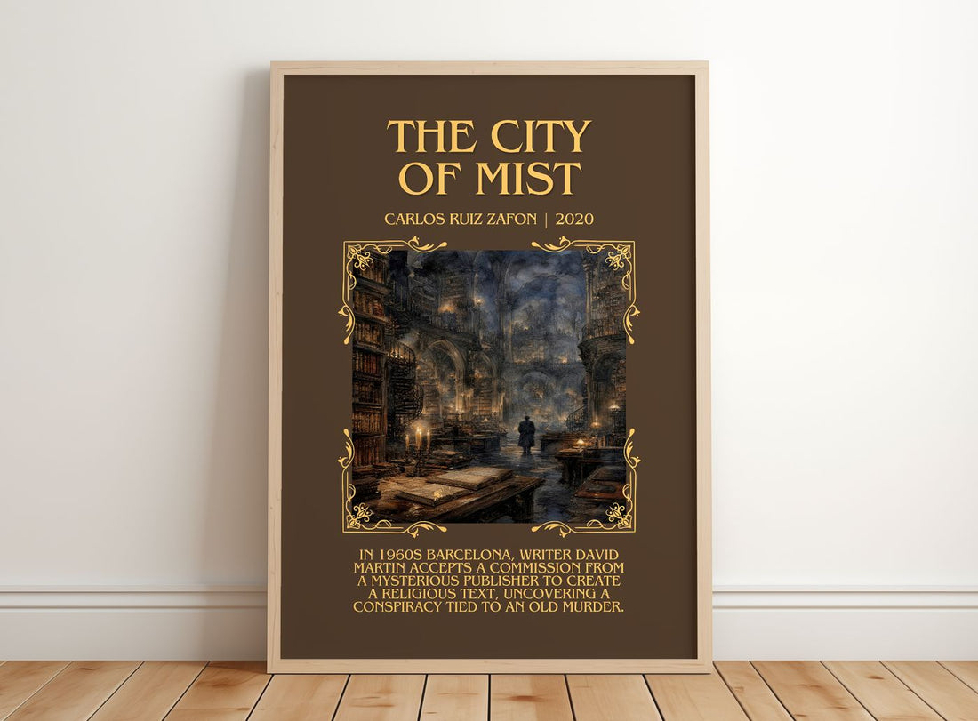 The City Of Mist Minimalist Book Poster by Carlos Ruiz Zafón – framed print leaning on a wooden floor
