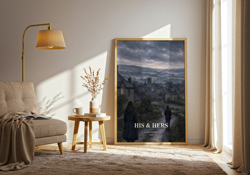 His & Hers watercolour print in frame leaning in hallway – thriller wall art