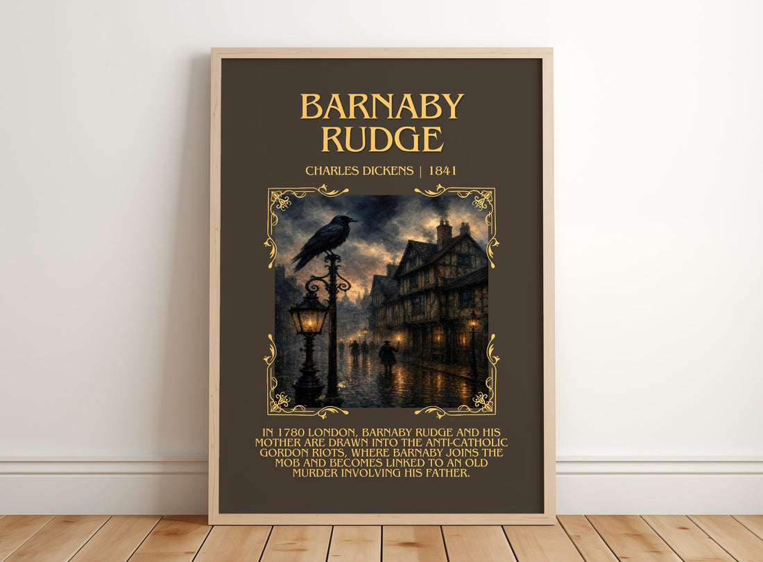 Barnaby Rudge Minimalist Book Poster by Charles Dickens – framed print leaning on a wooden floor