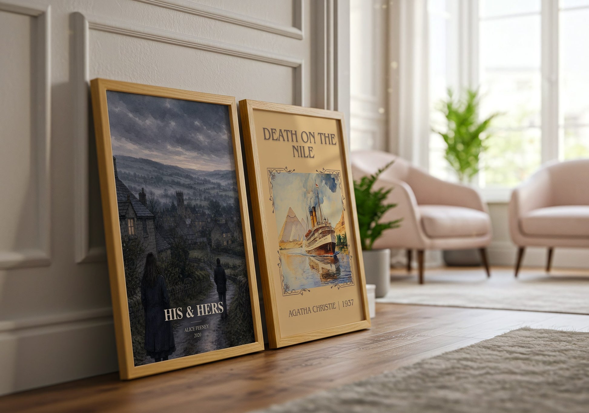 His & Hers watercolour print framed by window – literary home decor