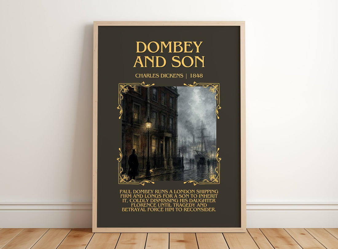 Dombey And Son Minimalist Book Poster by Charles Dickens – framed print leaning on a wooden floor