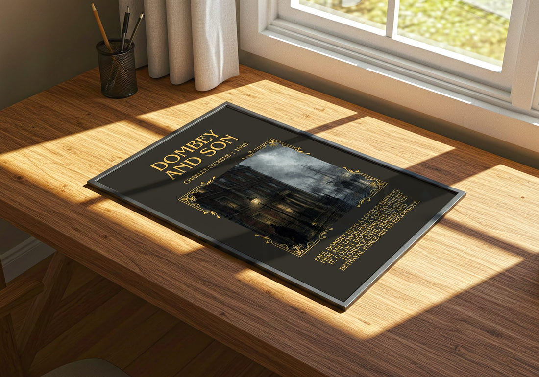 Dombey And Son Minimalist Book Poster by Charles Dickens – print on a sunlit desk
