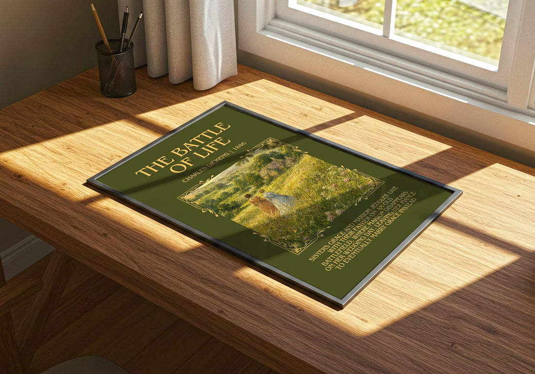 The Battle Of Life Minimalist Book Poster by Charles Dickens – print on a sunlit desk