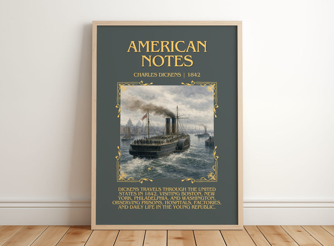American Notes Minimalist Book Poster by Charles Dickens – framed print leaning on a wooden floor