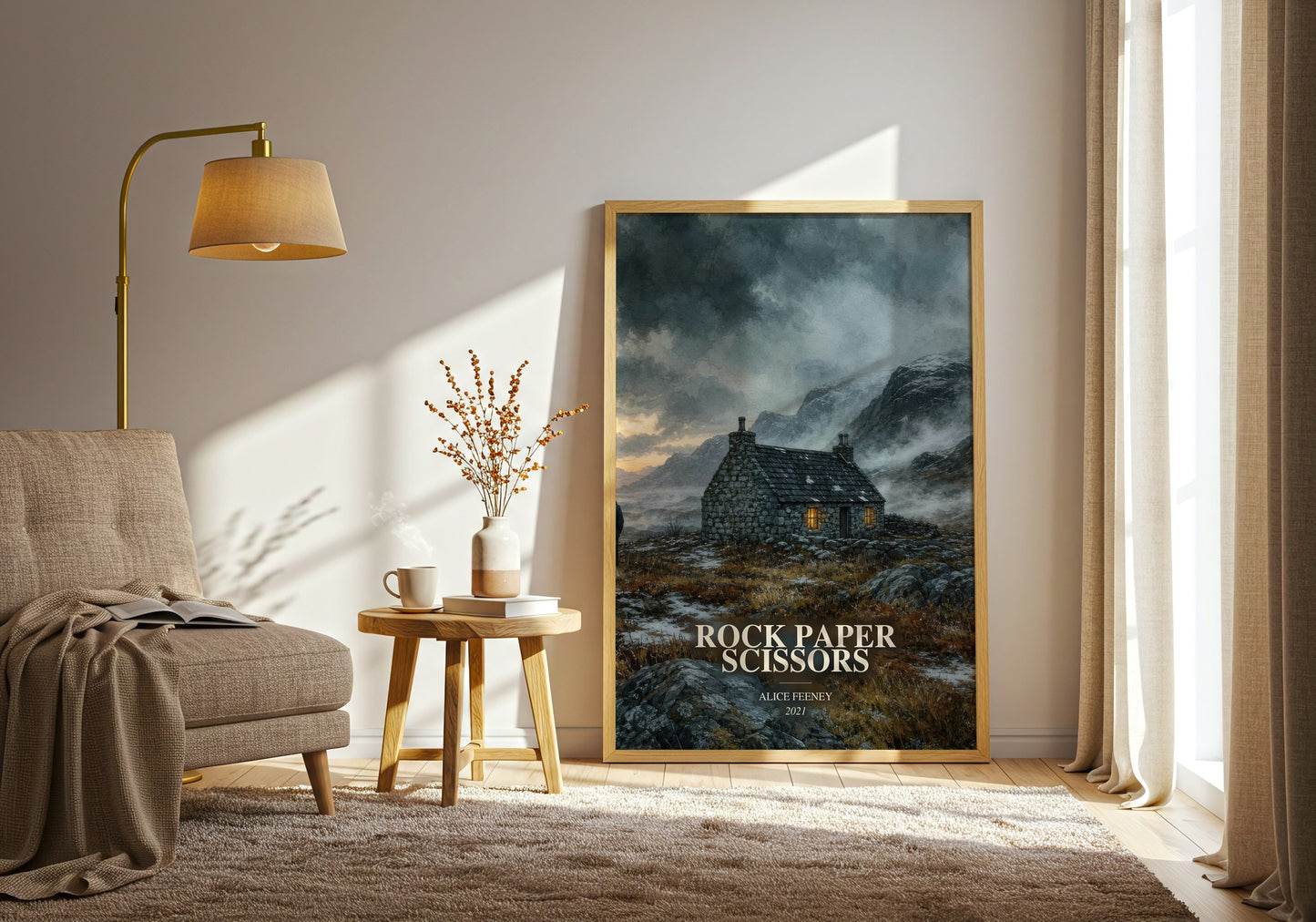 Rock Paper Scissors watercolour print in frame leaning in hallway – thriller wall art